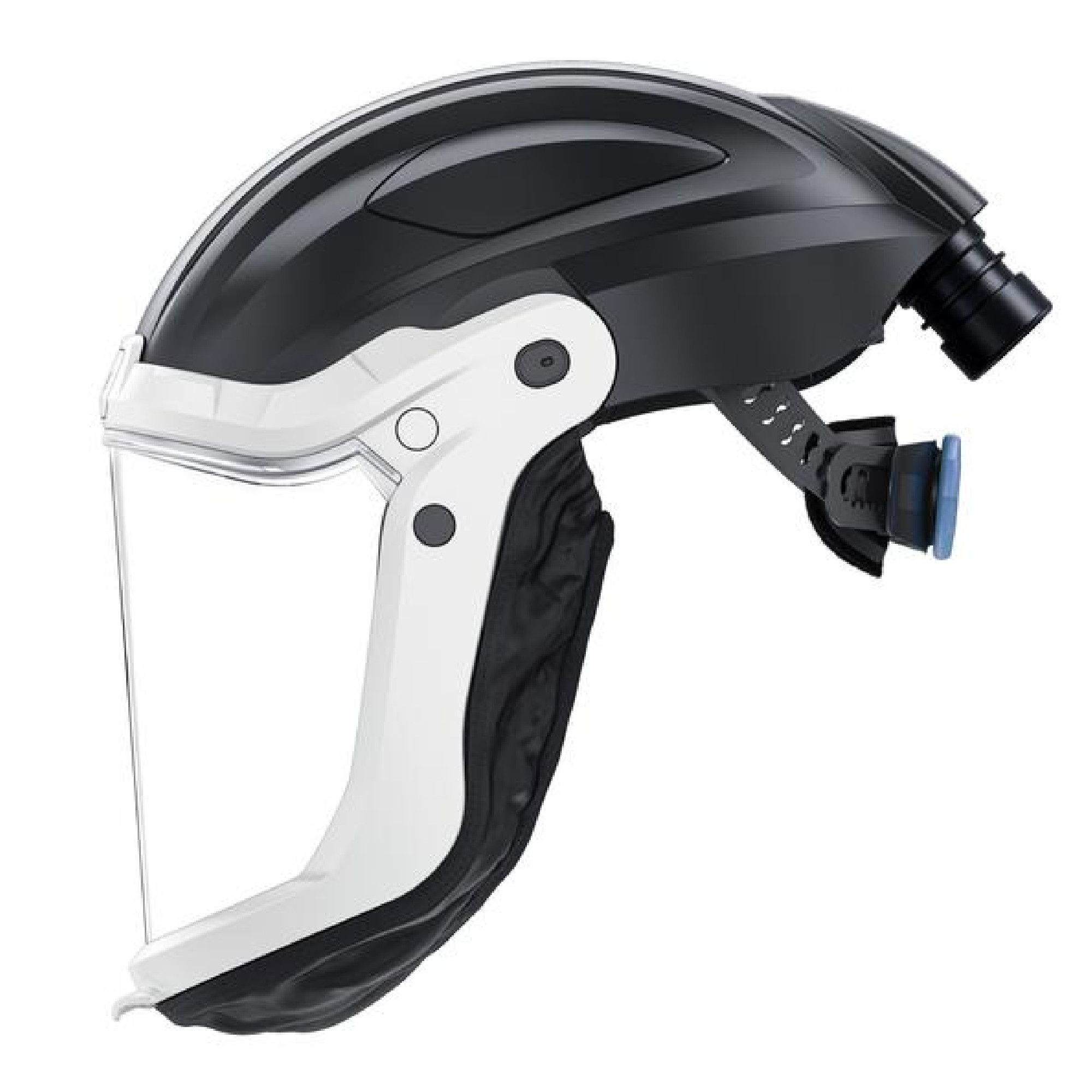 Einseitige Darstellung eines Schutzhelms mit einem transparenten Visier. Der Helm hat eine schwarze Oberseite und eine weiße Vorderseite mit einem gepolsterten Innenfutter. Auf der Seite befinden sich Halterungen und Anpassungselemente für eine bequeme Passform.