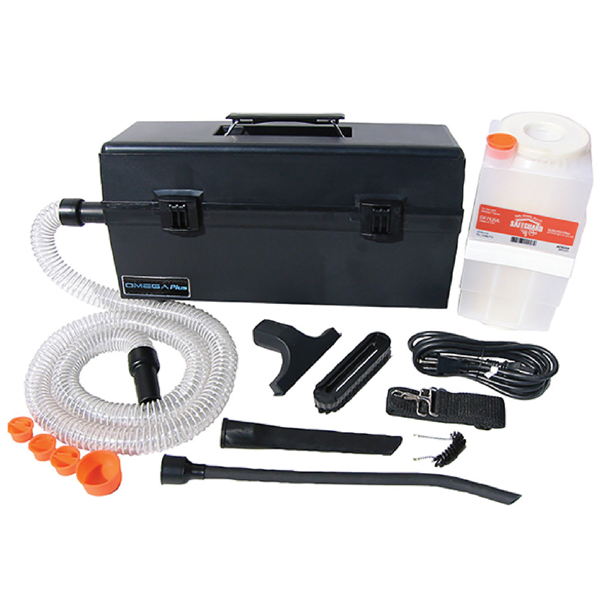 Ein schwarzes Transportkoffer-Set mit Werkzeug zur Reinigung. Es enthält einen flexiblen Schlauch, verschiedene Aufsätze, eine Kabelverbindung und einen Behälter zur Aufbewahrung von Materialien. Ideal für die professionelle Reinigung oder Wartung.