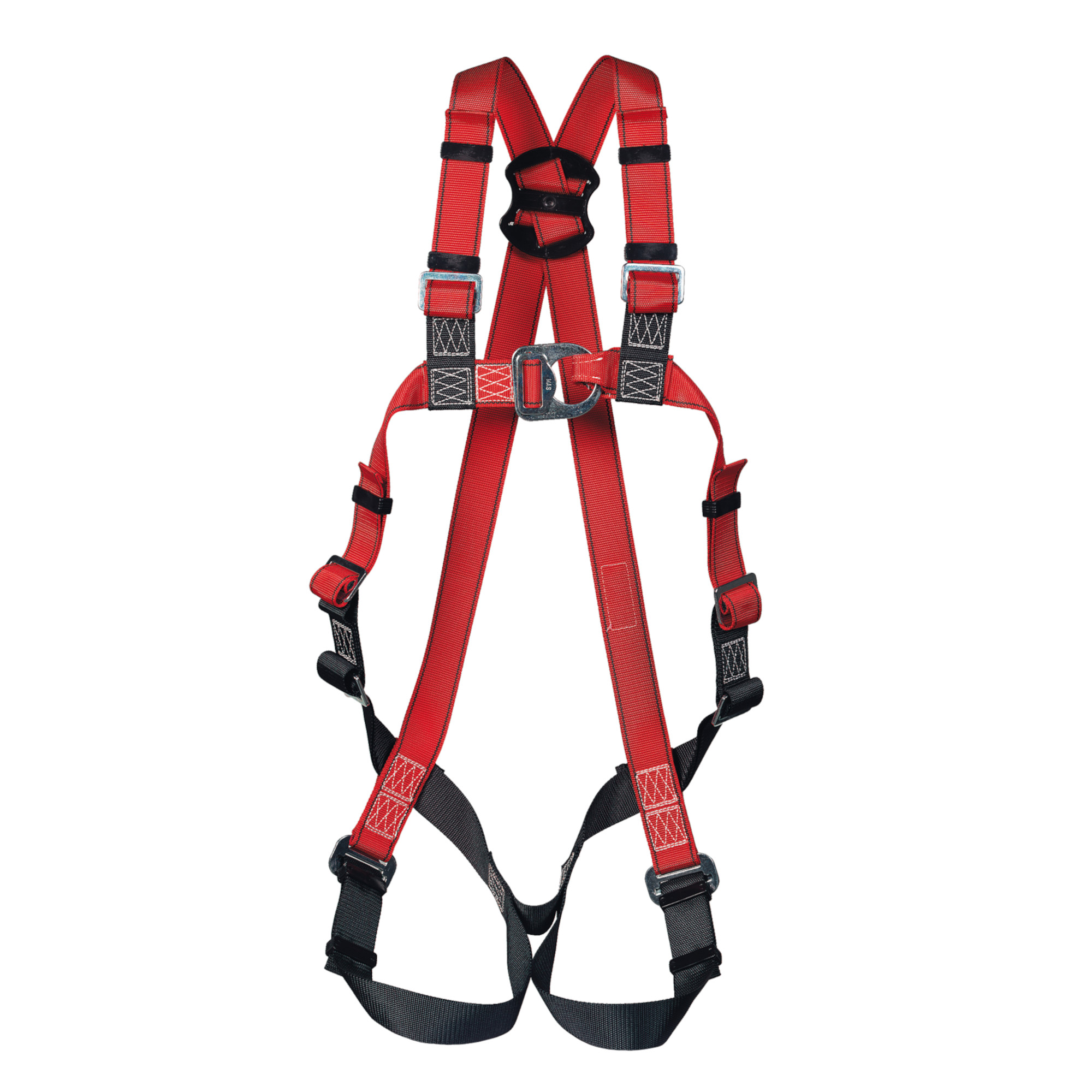 Ein Sicherheitsgeschirr in leuchtendem Rot mit verstellbaren Riemen und Schnallen. Es ist so gestaltet, dass es beim Arbeiten in der Höhe sicheren Halt bietet. Die Konstruktion fördert die Ergonomie und Sicherheit für den Benutzer.