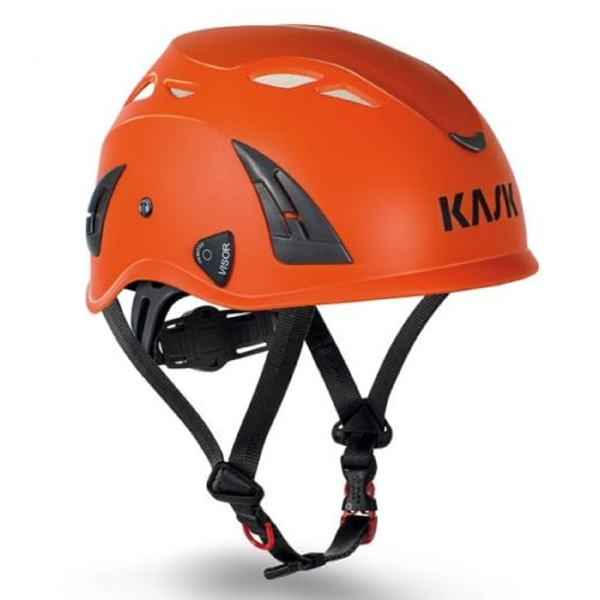 Ein orangefarbener Helm der Marke KASK, geeignet für Kletter- und Arbeitsschutz. Der Helm hat eine glatte Oberfläche, seitliche Belüftungsöffnungen und ein verstellbares Kinnband. Er bietet Sicherheit und Schutz für den Kopf während sportlicher Aktivitäten oder bei Arbeiten in der Höhe.