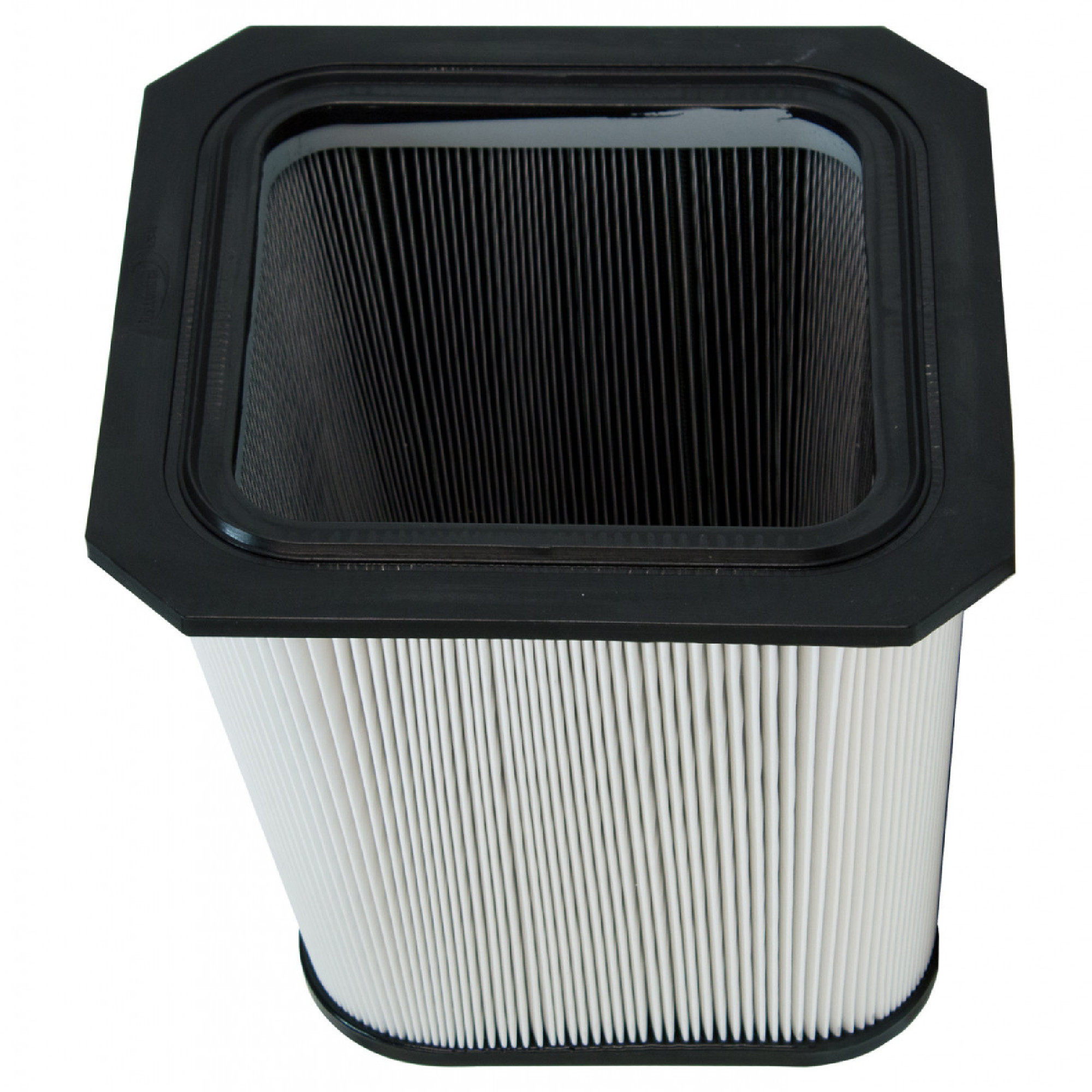 Ein quadratischer Luftfilter mit einem weißen, gefalteten Filtermaterial und einem schwarzen Rahmen. Der Filter hat eine schlichte, funktionale Form und wird zur Verbesserung der Luftqualität verwendet.