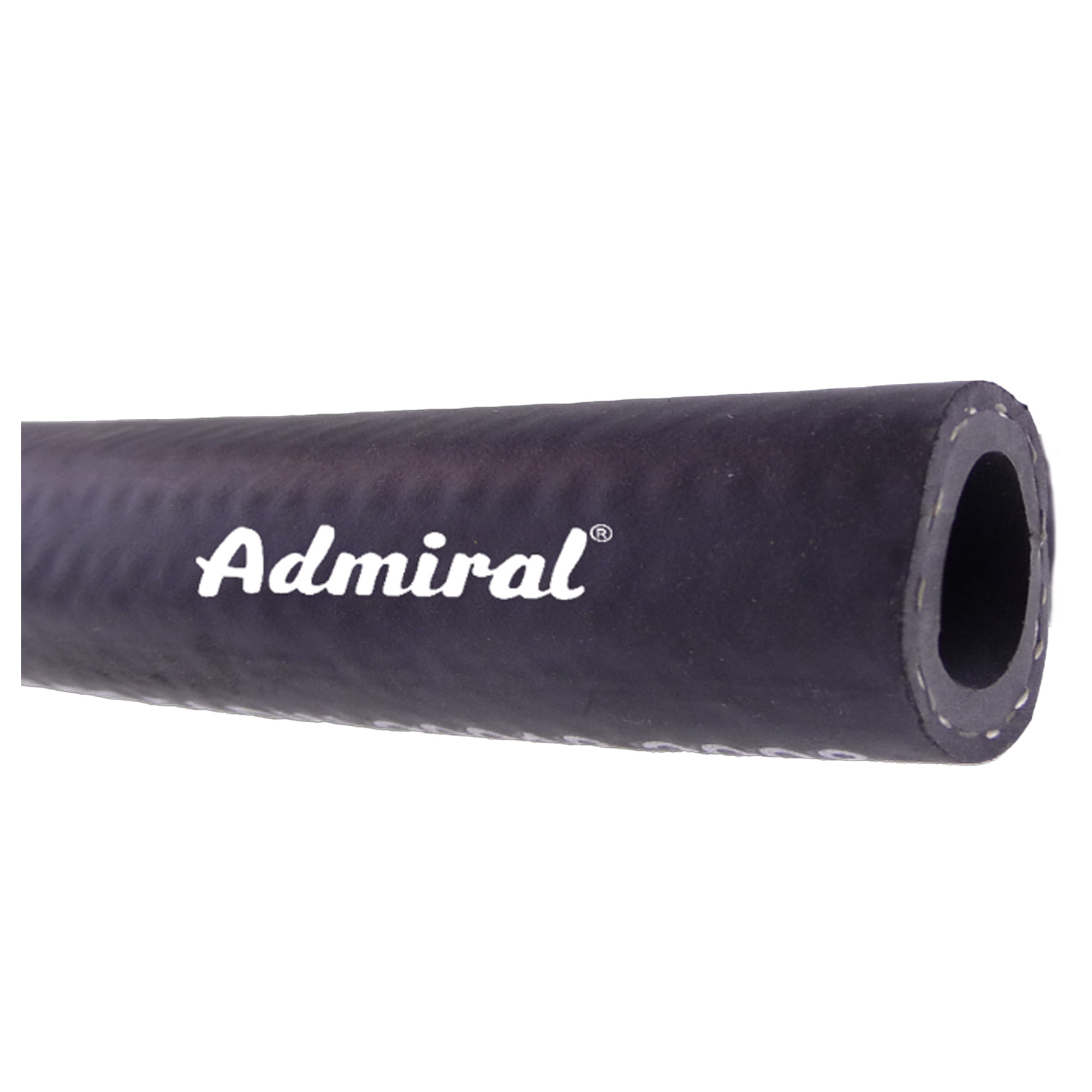 Eine schwarze Gummischlauch, der auf der Seite mit dem Wort "Admiral" in Weiß beschriftet ist. Die Ansicht zeigt das Ende des Schlauchs, das hohl ist.