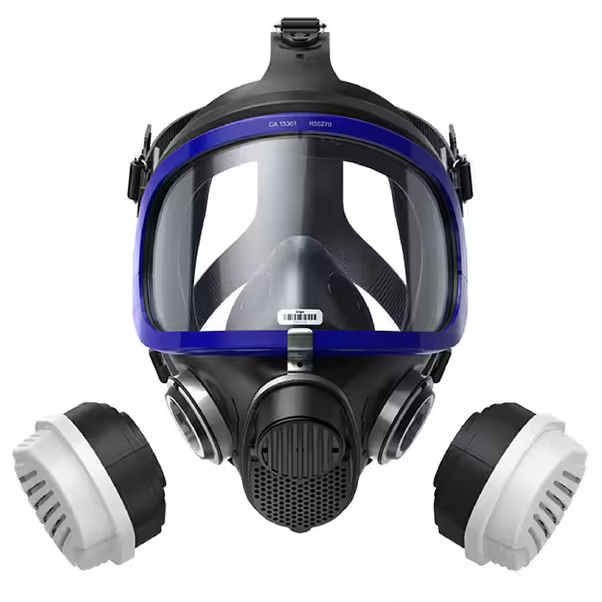 Eine Gasmaske mit klarem Visier und einem blauen Rand ist abgebildet. Zu sehen sind auch zwei abnehmbare Filterelemente auf beiden Seiten der Maske. Die Maske ist so gestaltet, dass sie umfassenden Schutz bietet.