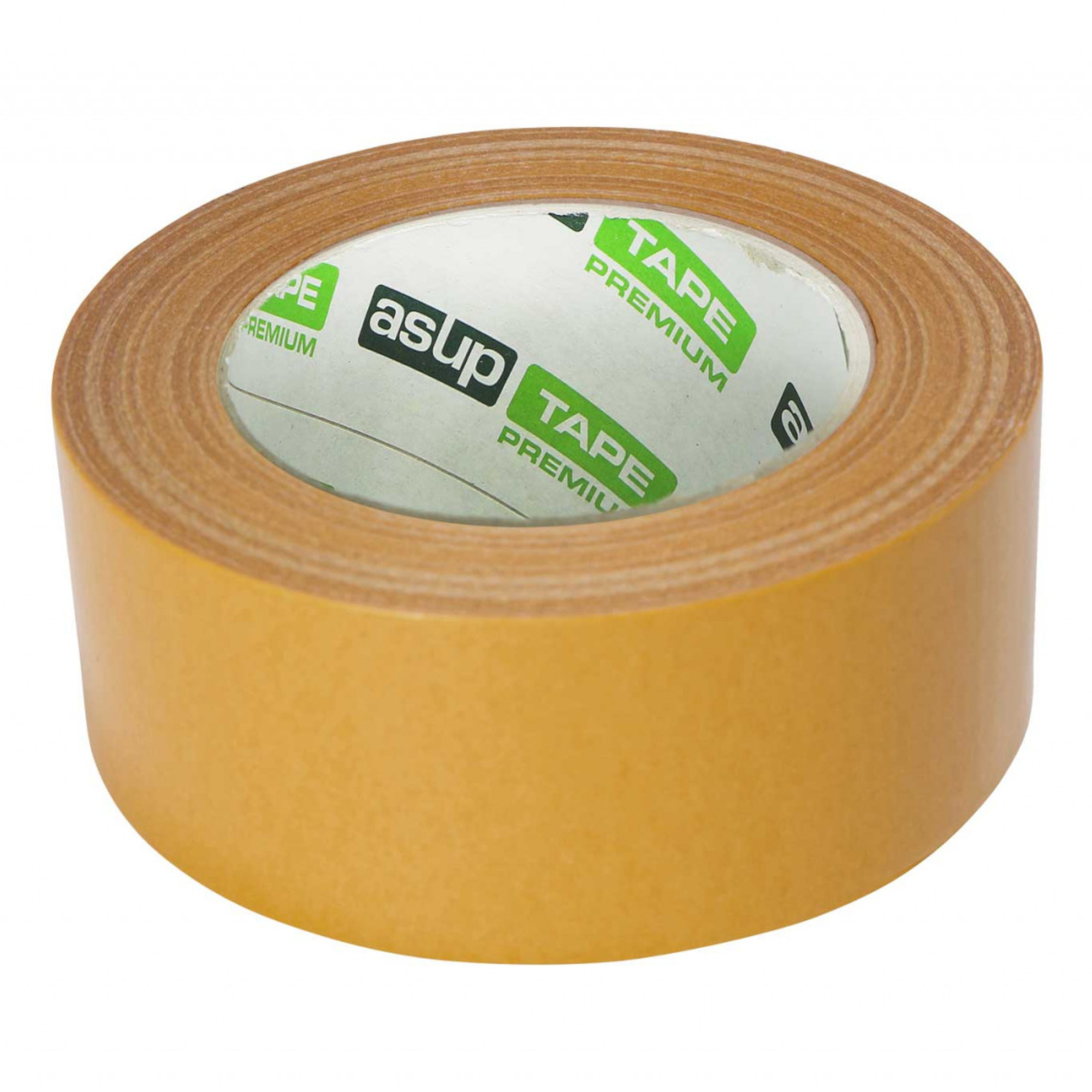 Ein brauner Klebeband-Roller mit einem durchsichtigen Innenkern. Der Klebeband ist von einer glänzenden, gelben Farbe und wirkt stabil. Der Markenname "asup" ist im Inneren sichtbar.