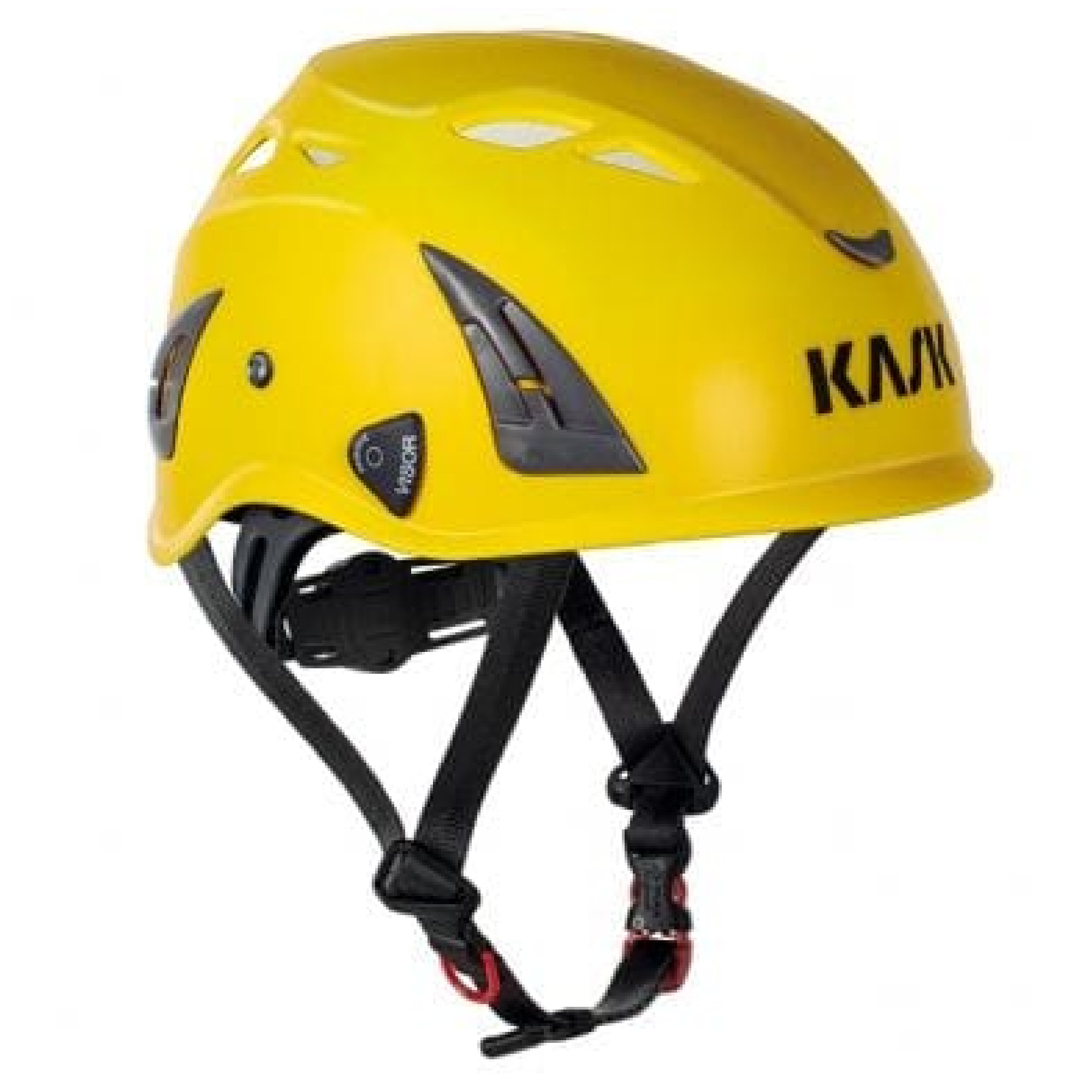 Ein gelber Kask-Helm, der für Sicherheitsanwendungen konzipiert ist. Er hat Belüftungsöffnungen und eine verstellbare Riemen mit Schnalle. Der Helm bietet Schutz und Komfort bei Aktivitäten wie Klettern oder Bauarbeiten.