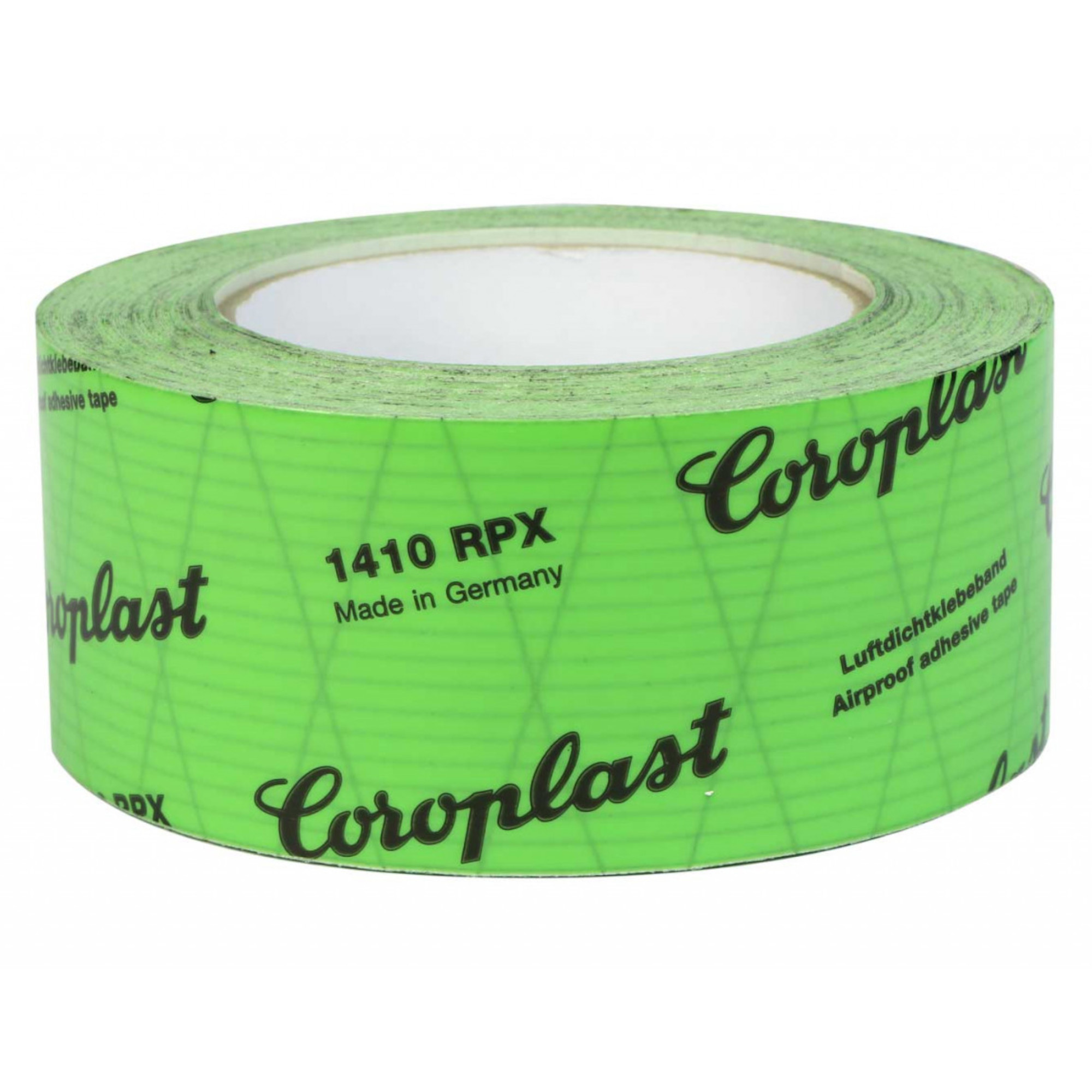 Eine Rolle luftdichtes Klebeband in leuchtendem Grün mit Aufschrift „Coroplast 1410 RPX“. Das Band ist für verschiedene Anwendungen geeignet, insbesondere zum Abdichten.