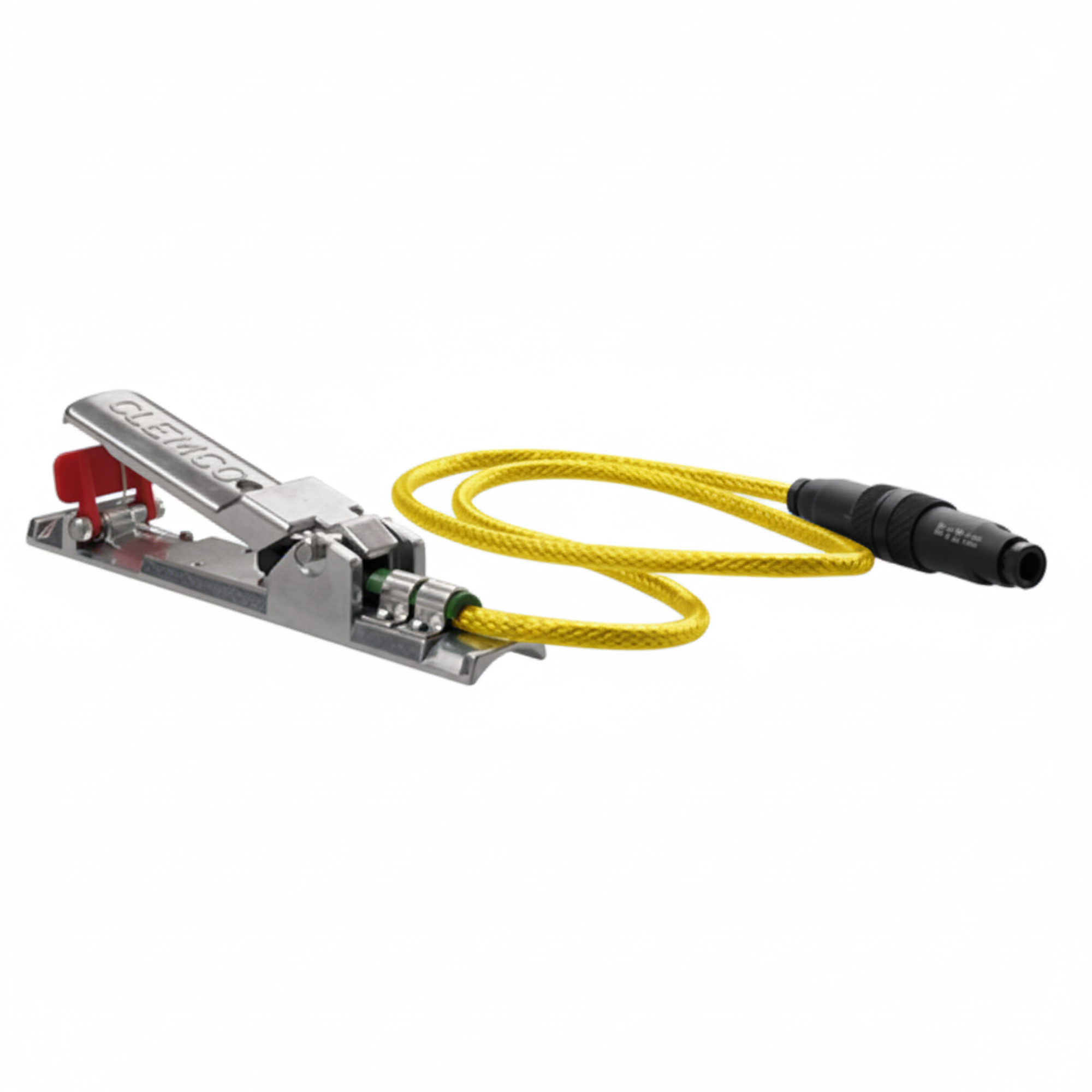 Clemco RLX pneumatischer Handhebel mit gelbem Schlauch und Anschlussstecker, freigestellt auf weißem Hintergrund.