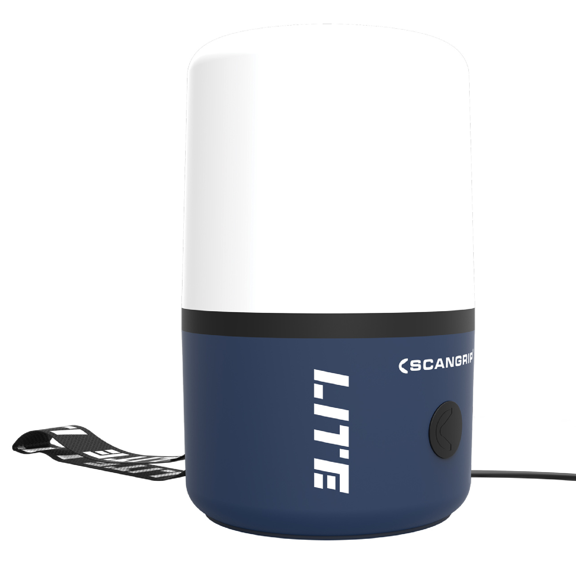 Eine tragbare, runde Lampe mit einem weißen oberen Teil und einem blauen unteren Teil. Sie hat einen schwarzen Ring in der Mitte und einen An-/Aus-Schalter auf der Seite. Ein Trageband ist an der Lampe befestigt. Ideal für den Einsatz im Freien oder bei schlechten Lichtverhältnissen.
