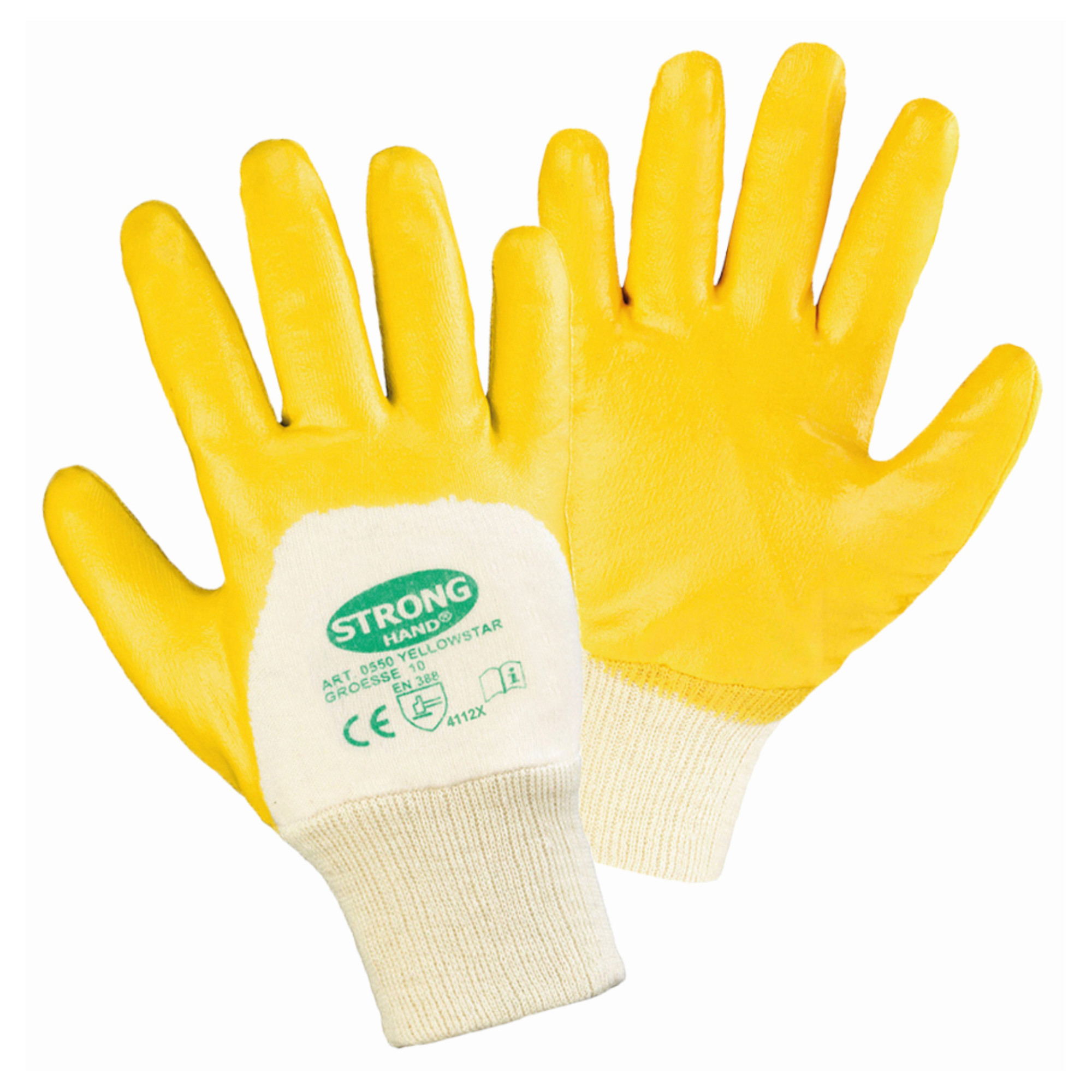 Gelbe Arbeitshandschuhe mit gestricktem Bündchen und „STRONG HANDS“-Etikett