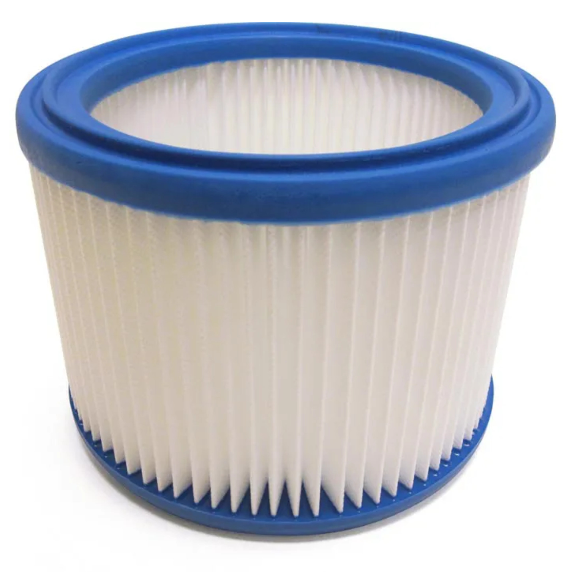 Ein runder Luftfilter mit einer blauen Gummidichtung und einer weißen, gefalteten Filterstruktur. Der Filter hat eine robuste Form und ist dafür konzipiert, Luftpartikel zu reinigen.