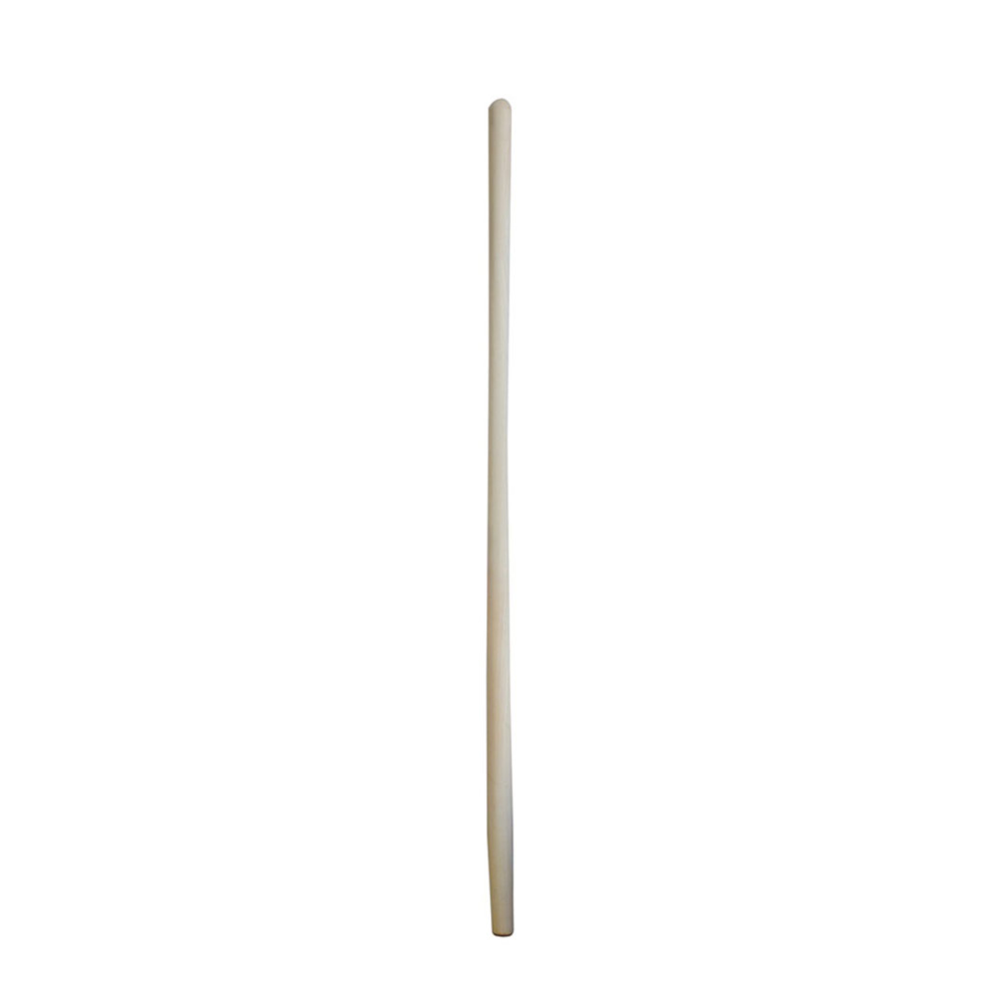 Ein schlanker, zylindrischer Holzstab steht senkrecht vor einem weißen Hintergrund. Der Stab ist durchgehend gleichmäßig und hat keine besonderen Merkmale oder Verzierungen.