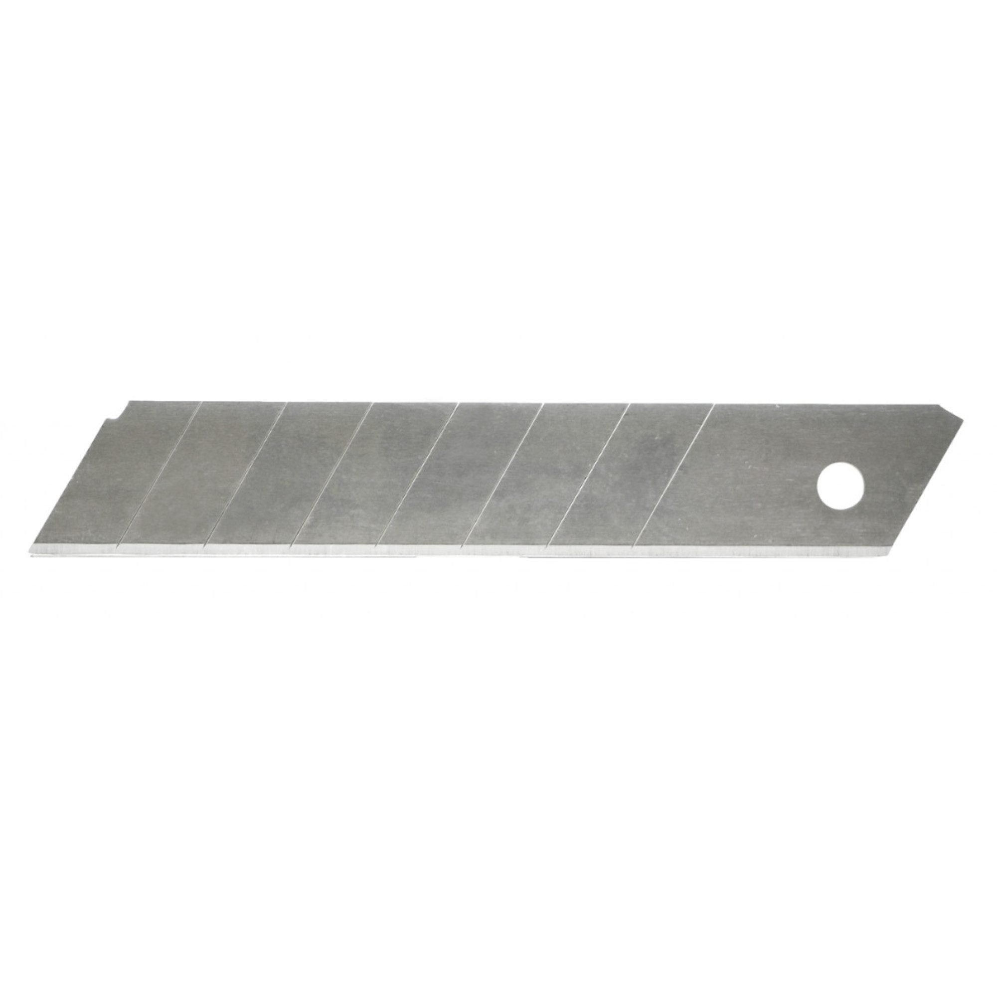 Ein einzelnes, scharfes Klingenblatt aus Metall mit mehreren Einkerbungen, das sich zum Abbrechen eignet. An einem Ende befindet sich ein Loch, möglicherweise zur Befestigung. Die Klinge ist flach und länglich.