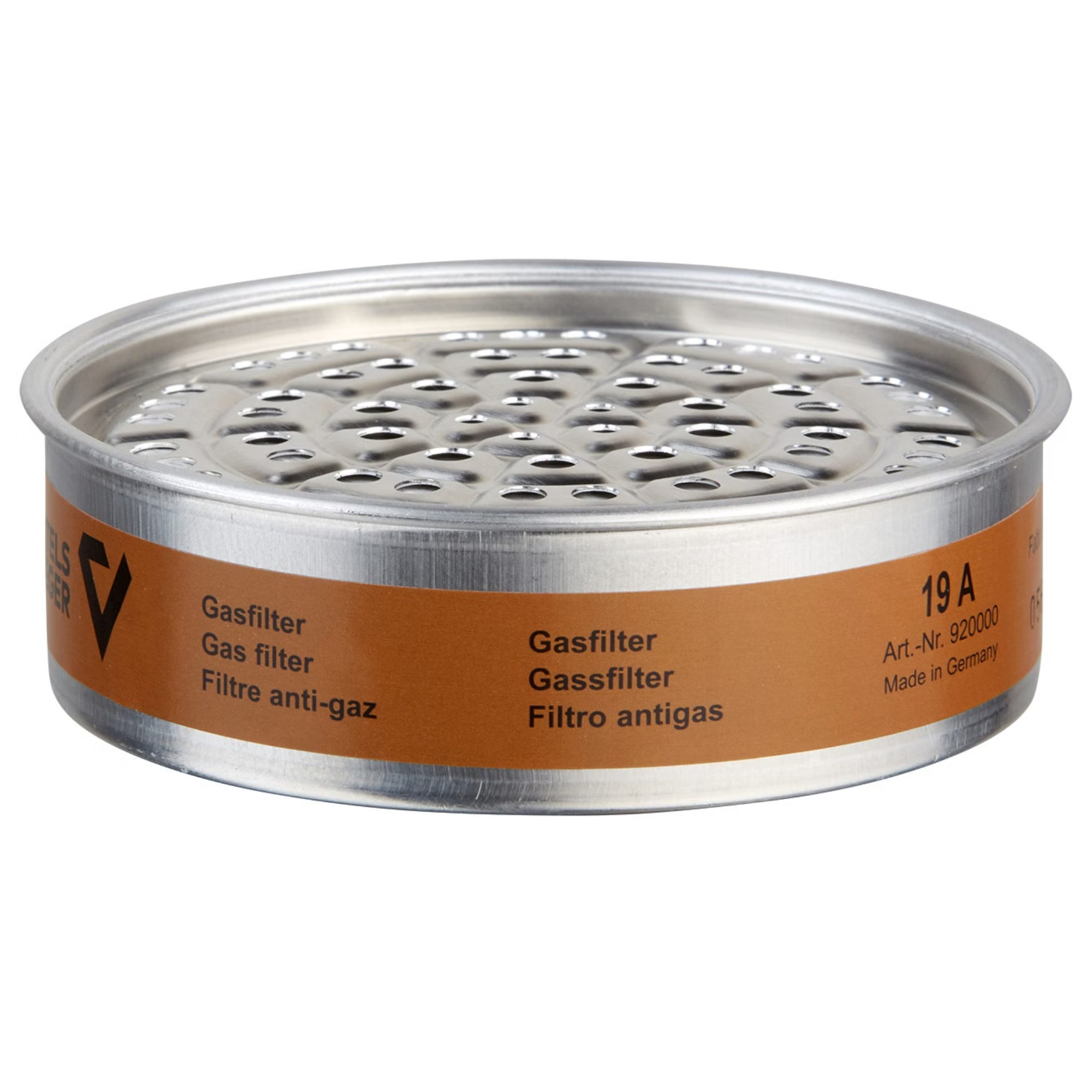 Rundes Gasfilter in Metallgehäuse mit vielen kleinen Löchern. Auf der Oberfläche befindet sich ein braunes Etikett, das die Bezeichnung "Gasfilter" in mehreren Sprachen zeigt, einschließlich Deutsch und Englisch. Es trägt die Nummer "19A" und den Hinweis "Made in Germany".
