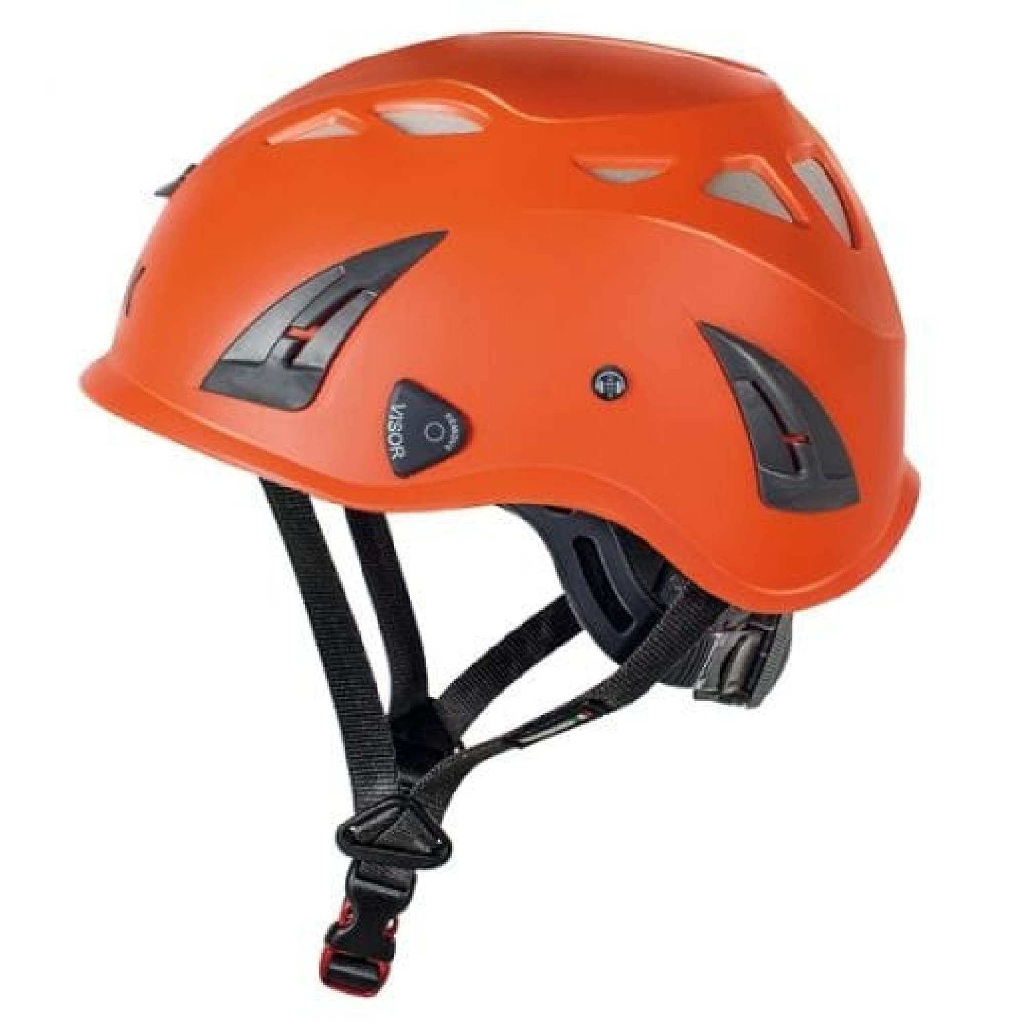 Ein oranger Helm mit mehreren Belüftungslöchern und einem verstellbaren Kinnband. Der Helm ist für Sportarten wie Klettern oder Mountainbiking geeignet und bietet Schutz für den Kopf. Er verfügt über eine leicht zugängliche Einstellung für zusätzliche Sicherheit.