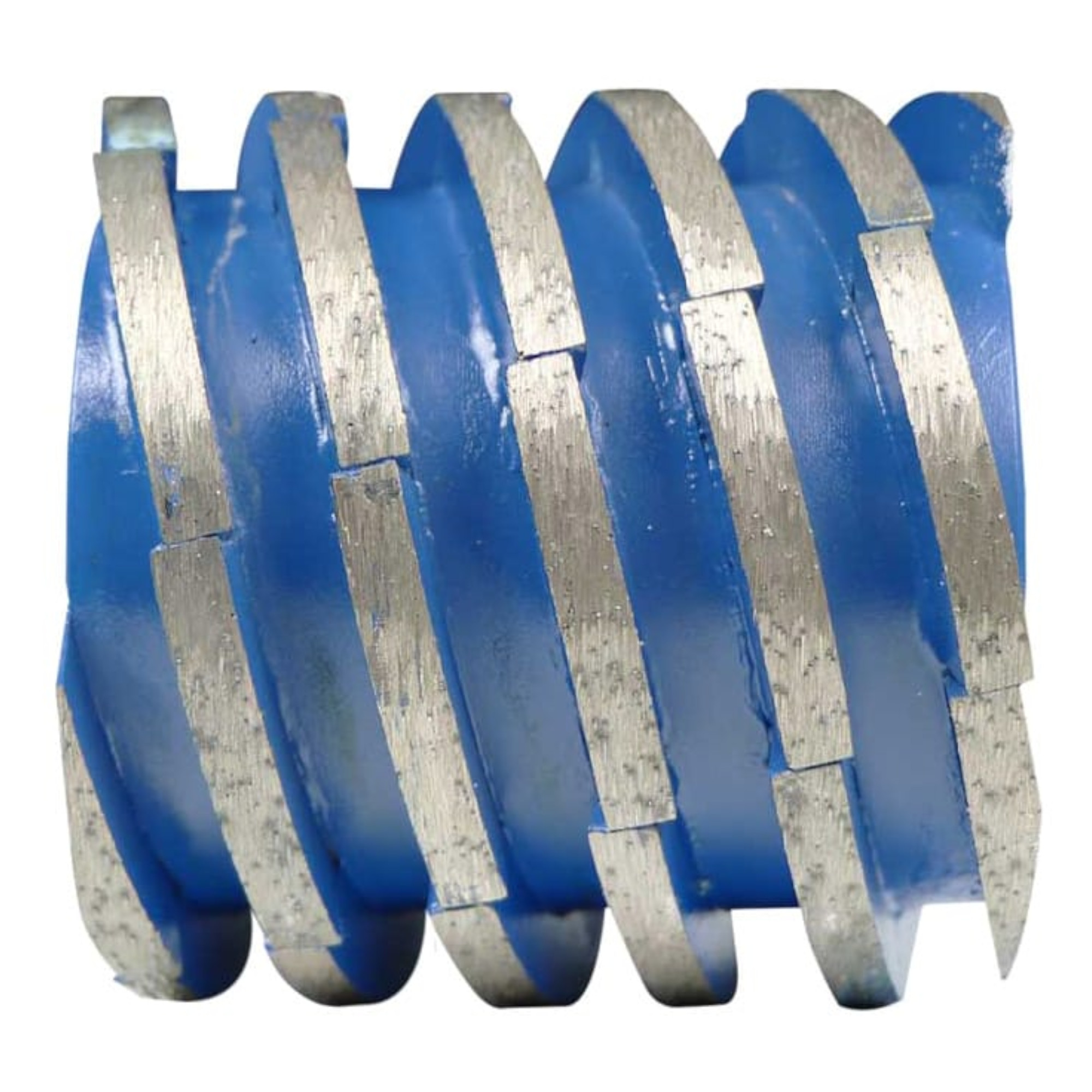 Blauer Diamant-Frässtift mit spiralförmig angeordneten, silbernen Schleifsegmenten für die Oberflächenbearbeitung, freigestellt auf weißem Hintergrund.
