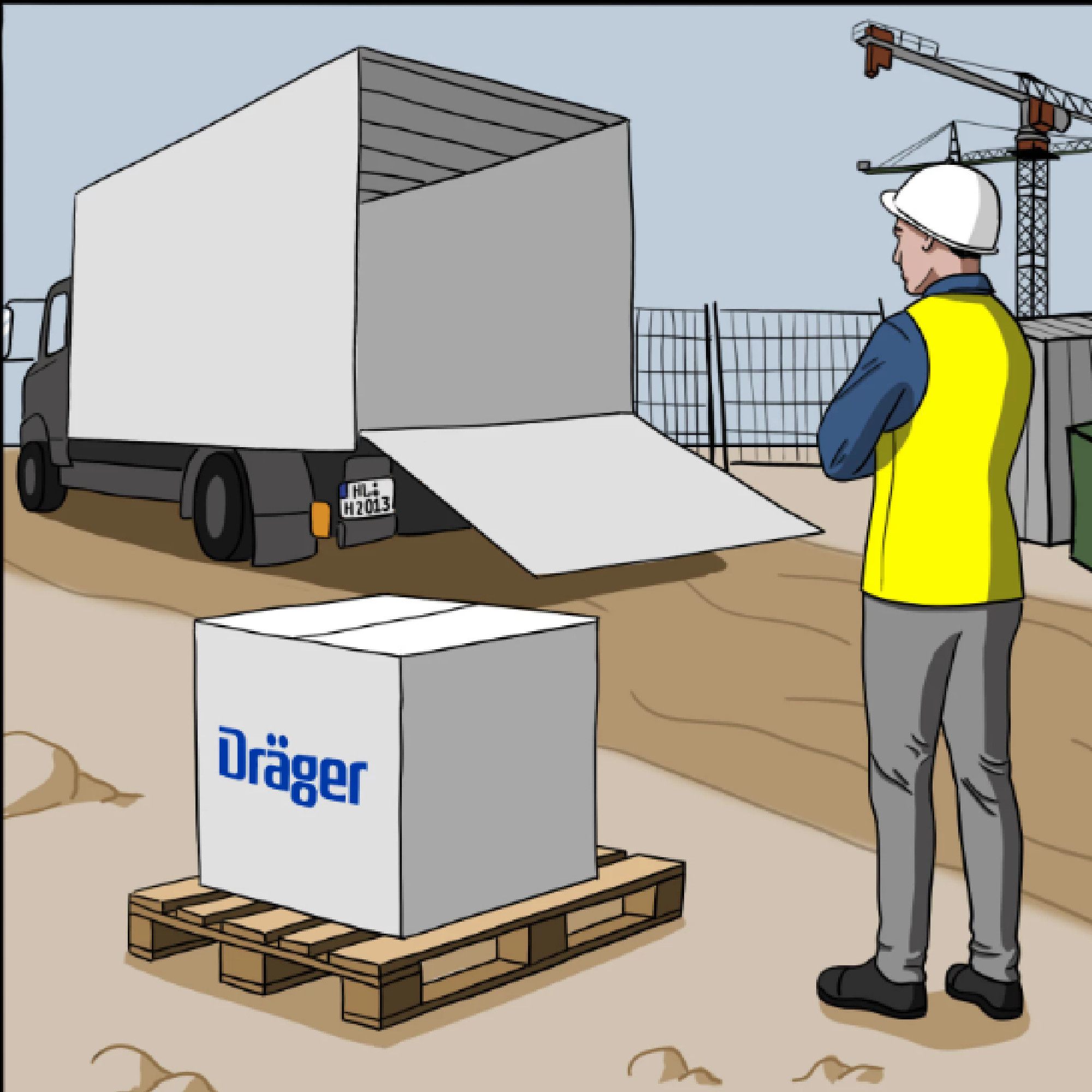Ein Arbeiter in Sicherheitskleidung steht auf einer Baustelle und beobachtet einen Lieferwagen, aus dem eine Ladetür heruntergeklappt ist. Vor ihm steht ein Palettenkistchen mit dem Logo "Dräger". Die Umgebung ist eine Baustelle mit Bauzäunen und Kränen im Hintergrund.