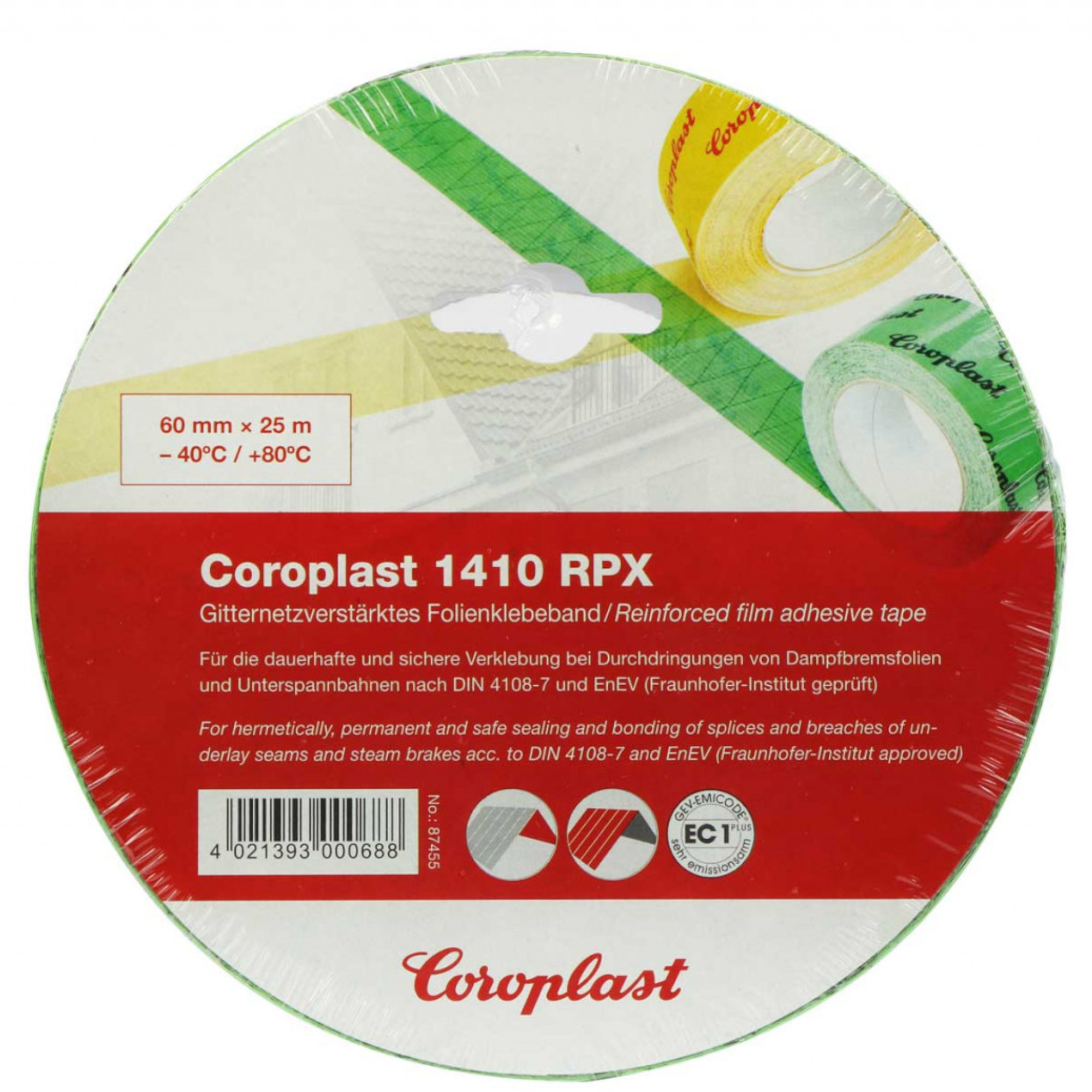 Eine Rolle Coroplast 1410 RPX, ein verstärktes Folienklebeband, mit den Maßen 60 mm x 25 m. Es wird für sichere Verklebeungen bei Dampfbremsfolien verwendet, geeignet für Temperaturen von -40°C bis +80°C. Die Verpackung enthält technische Angaben und eine Produktbeschreibung.