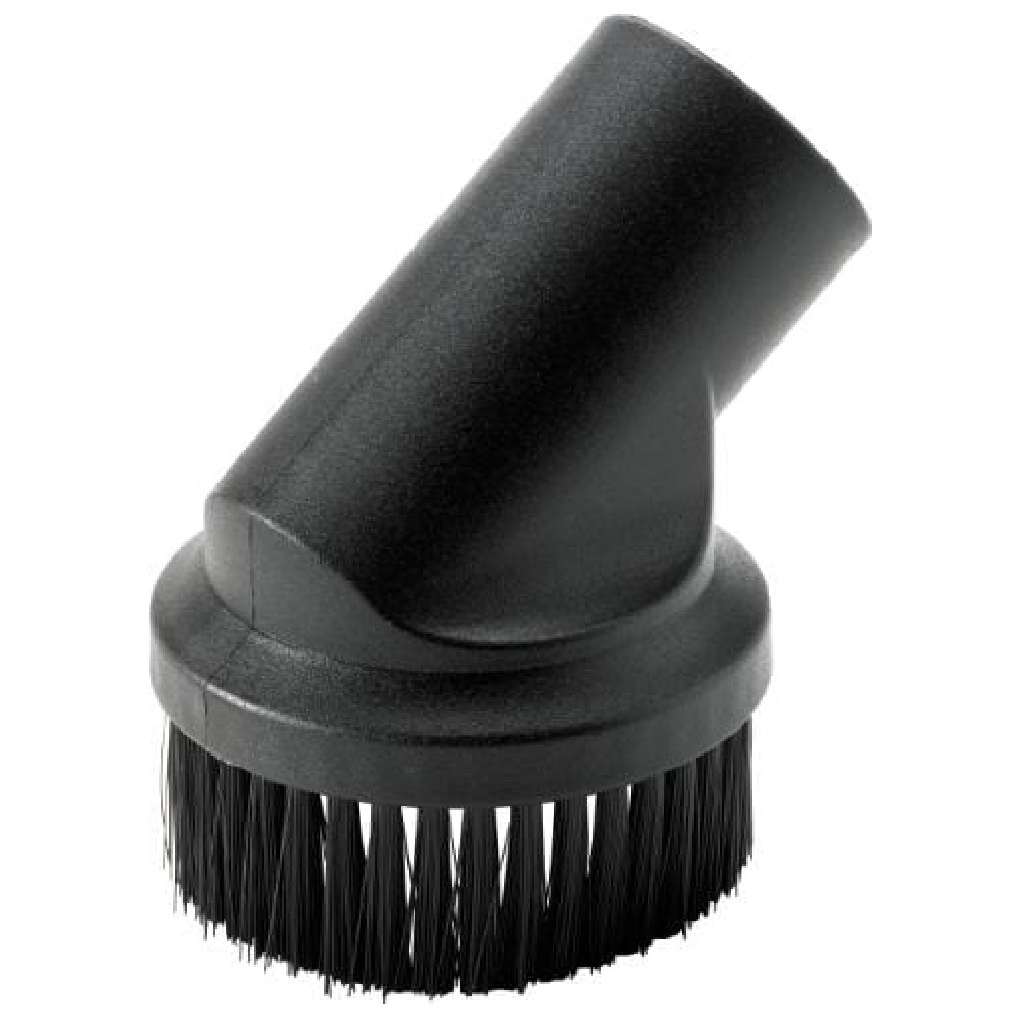 Eine schwarze Bürste mit kurzen, dichten Borsten, die an einem schrägen Griff befestigt ist. Die Bürste wird vermutlich zum Reinigen oder Auskehren von Oberflächen verwendet.