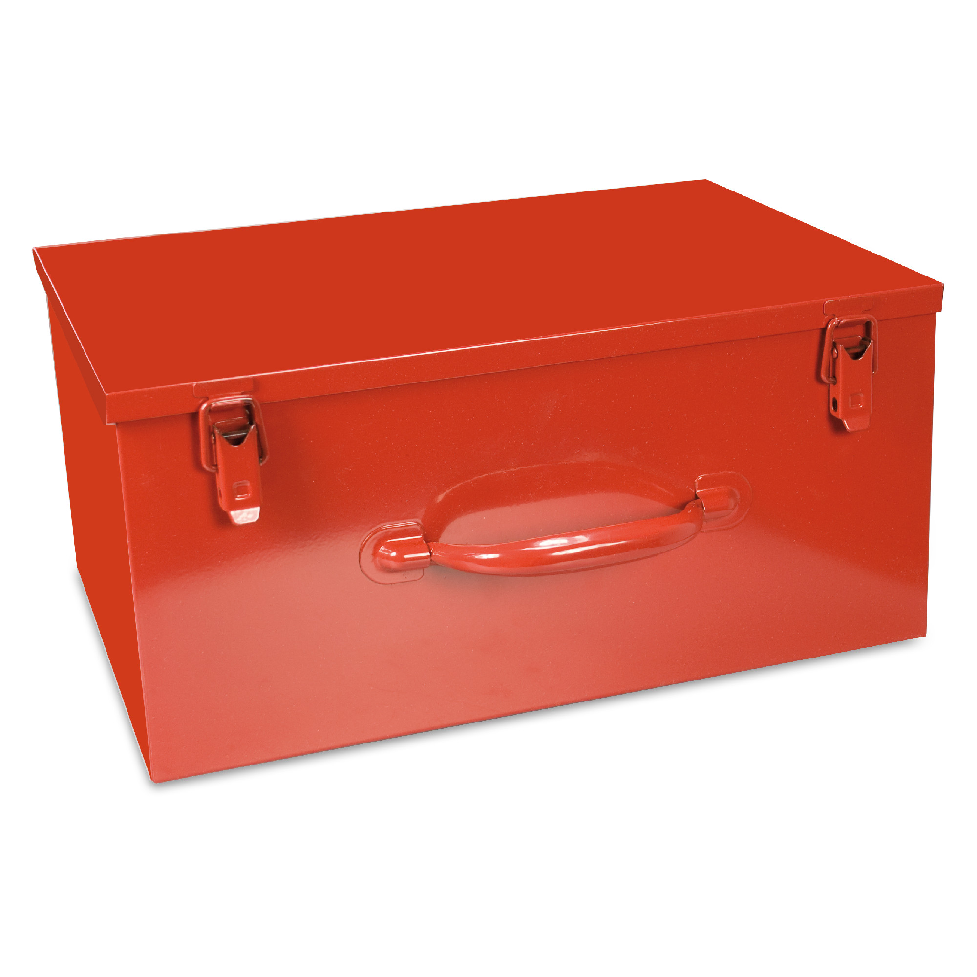 Ein roter Metallbehälter mit einem flachen Deckel und einem Griff an der Vorderseite. Er hat zwei Schlösser an der Oberseite und eignet sichGut zur Aufbewahrung und Transport von Gegenständen.