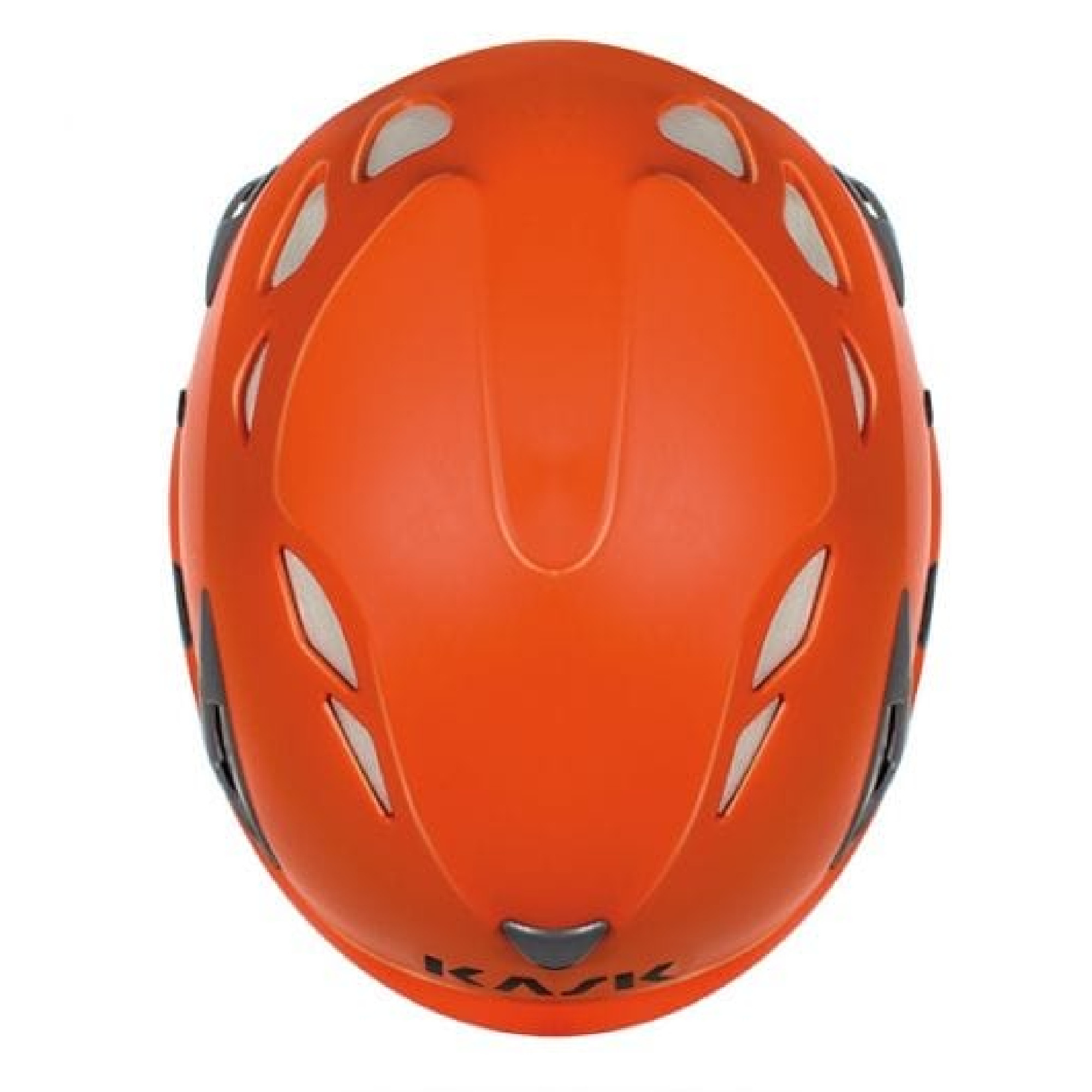Ein orangefarbener Helm mit Belüftungsschlitzen. Er zeigt eine glatte Oberfläche und einen markanten Schriftzug. Der Helm ist geeignet für Sicherheitsanwendungen, wie Klettern oder Radfahren.