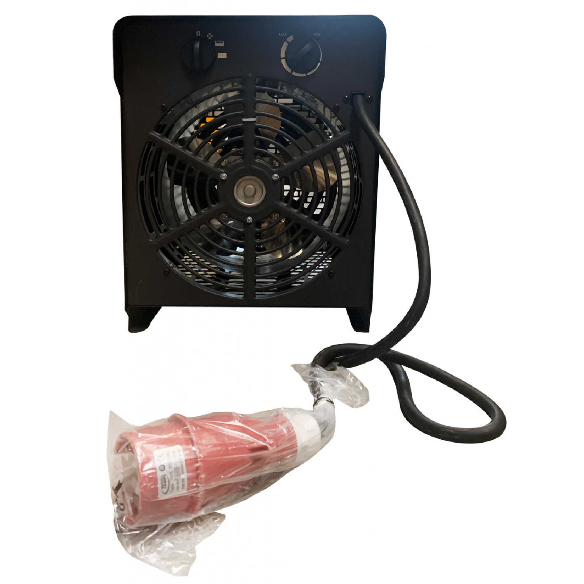 Das Bild zeigt einen Ventilator in Schwarz mit einem großen, runden Gitter. An der Vorderseite befinden sich Steuerelemente zur Anpassung der Geschwindigkeit. Unterhalb des Ventilators liegt ein roter, verpackter Anschluss mit einem flexiblen Kabel.