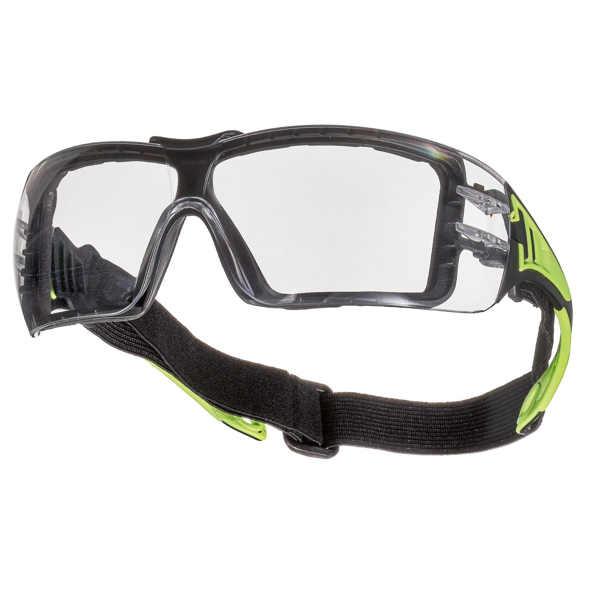 Schutzbrille mit klaren Gläsern, schwarzem elastischem Band und grünen Seitenverstärkungen