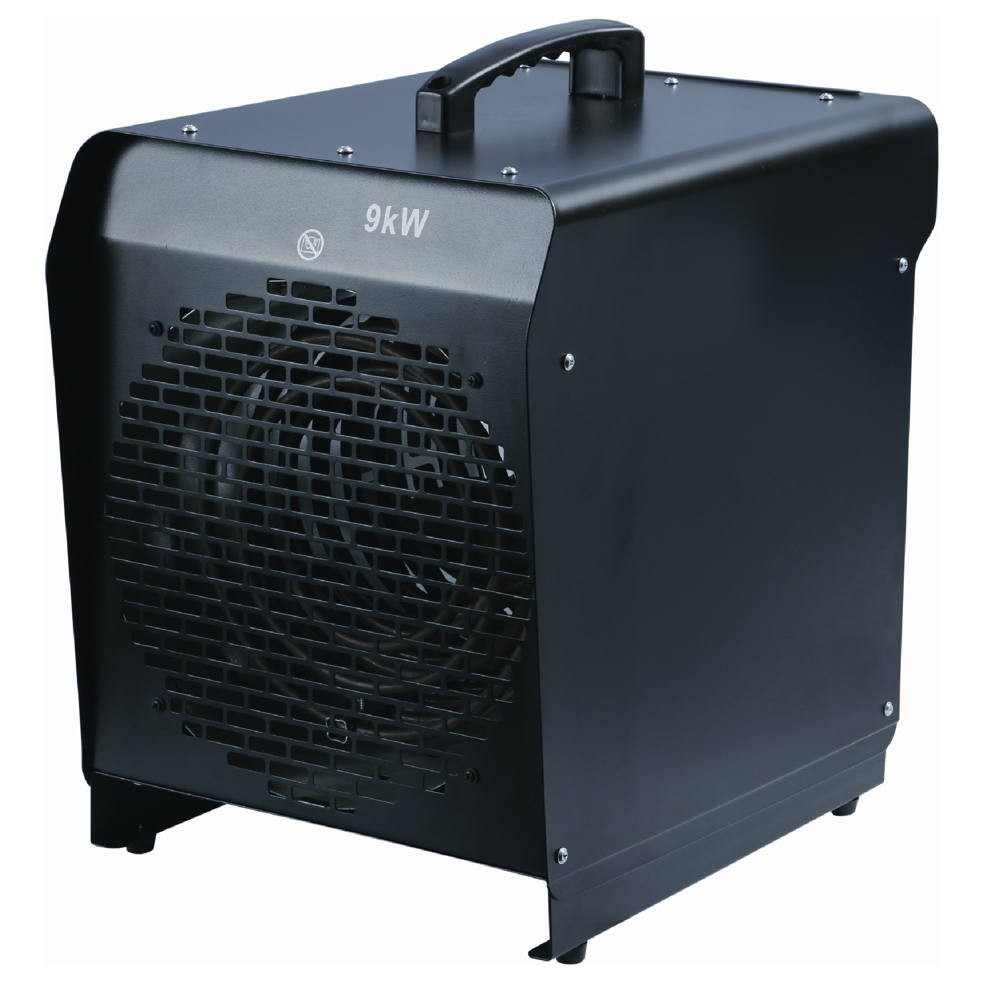 Ein schwarzer Heizlüfter mit einem Sichtschutzgitter auf der Vorderseite. An der Oberseite befindet sich ein tragbarer Griff. Auf der Vorderseite ist die Leistung von 9 kW aufgedruckt. Der Heizlüfter ist für den Einsatz in Innenräumen geeignet.