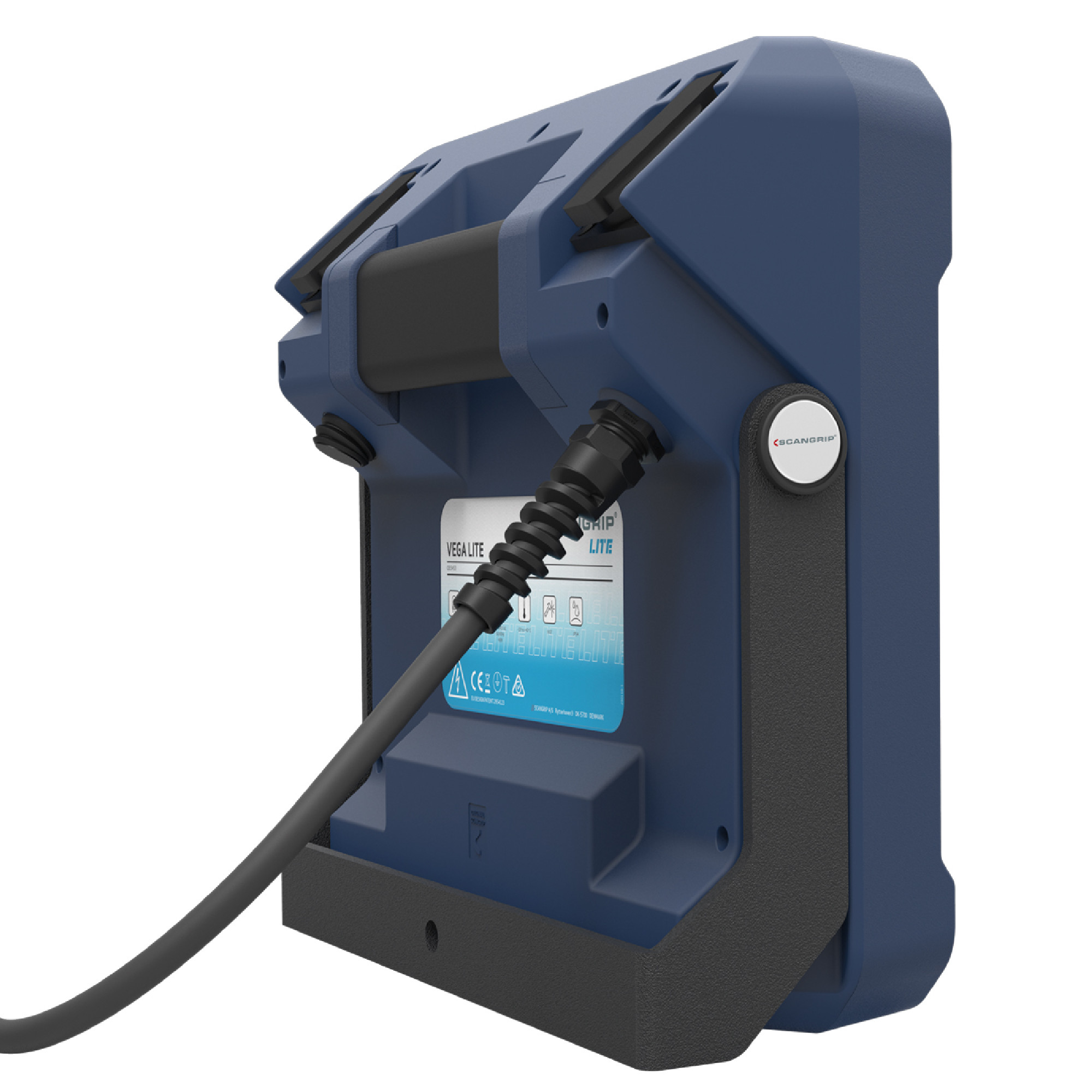 Das Bild zeigt ein kompaktes, blaues Gerät mit einem Handgriff und Anschlusskabel. Auf der Vorderseite befindet sich ein Aufkleber mit der Aufschrift "VEGA LITE" und verschiedenen Symbolen. Das Design vermittelt eine robuste Bauweise, geeignet für den Einsatz in technischen Anwendungen.